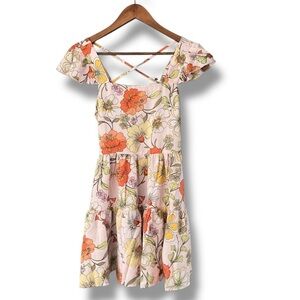 Lottie & Holly Blush Pink Floral Square Neck Cap Sleeve Mini Dress Size XSmall